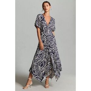 Anthropologie Navy and White V-Neck Handkerchief Hem Maxi Dress